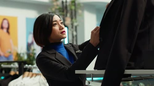Young Adult Inspects a Blazer in Clothing Store