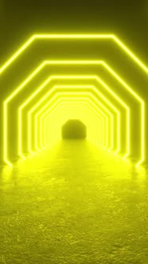 Explore a futuristic tunnel lit by vibrant yellow neon tube lights glowing in the concrete floor.