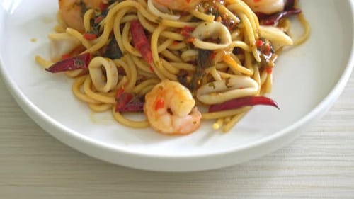 Seafood Pasta with Shrimp and Squid on Plate
