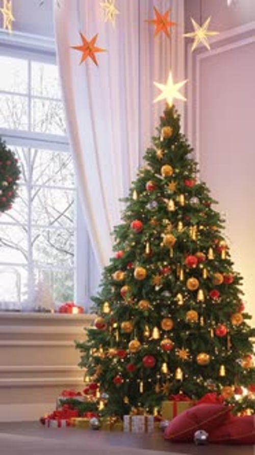 Cozy Christmas Tree and Wreath in a Snowy Window Scene