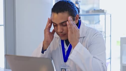 Man, scientist and stress headache in laboratory health, fatigue or temple massage from mistake