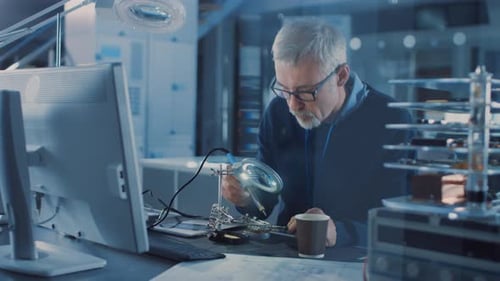 Electronics Maintenance Engineer Enters His Workshop with Coffee Begins Soldering of Circuit Board,