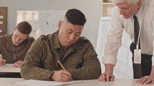 Professor at Military Academy Speaking to New Recruit at Seminar