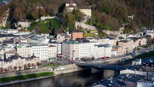 Salzburg Skyline Timelapse: Autumn Day with Partly Cloudy Sky and River