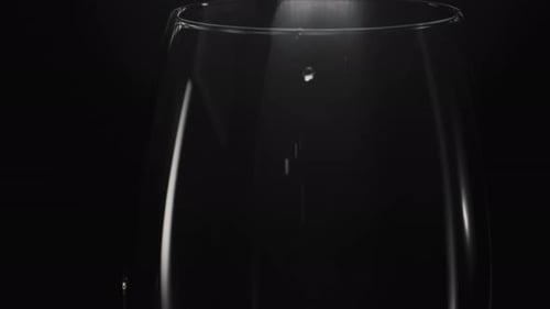 Ice Cube Falls Empty Glass Closeup. Ice Block Throw at Transparent Wineglass
