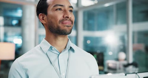 Man, developer and thinking with tablet in office for ideas, programming and software update