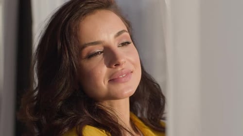 Carefree Caucasian Woman Cheerful Girl Look Window Positive Millennial Female Looking at Camera with