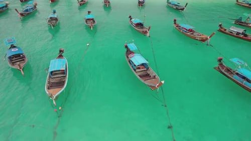 Aerial view of anchored fishermen boats, Koh Lipe Island, Thailand.