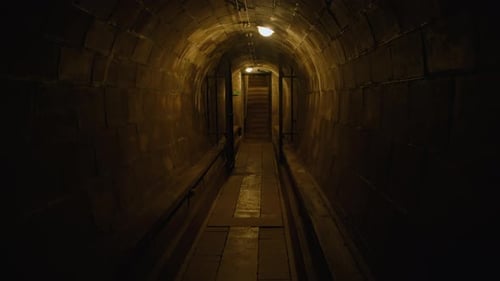 Walking through a dimly lit underground tunnel towards the staircase