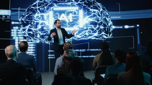AI Conference: Speaker Presents to Audience in Auditorium