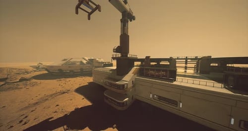 Exploration Base Constructed on a Dusty Martian Landscape During Sunset
