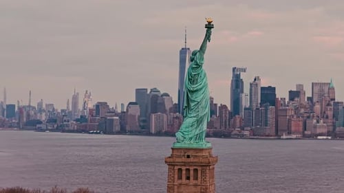 Aerial View of Liberty Statue and New York City Skyline Drone View of Liberty Statue Above New York