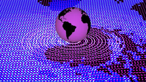 Futuristic Rotating Earth with Expanding Signal Rings