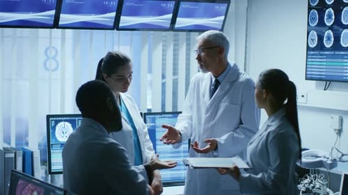 Medical Team Discussing Brain Scan Results in Office
