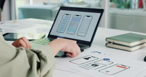 App development, business and woman with laptop screen, hands and internet with prototype