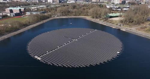 floating solar panel. Renewable sustainable energy. Aerial view.