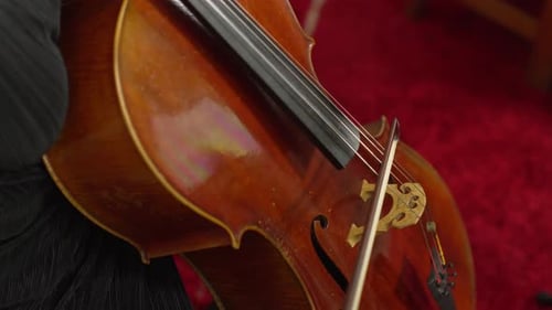 Close up of a cello being played with a bow during a live performance