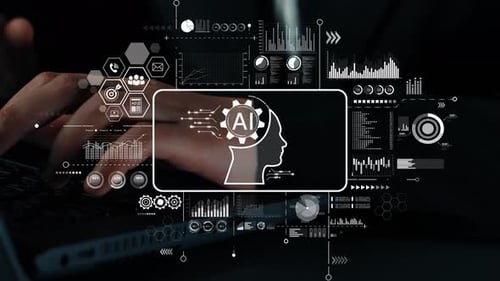 Professional hands typing on keyboard with AI graphics and data visualization concept for technology