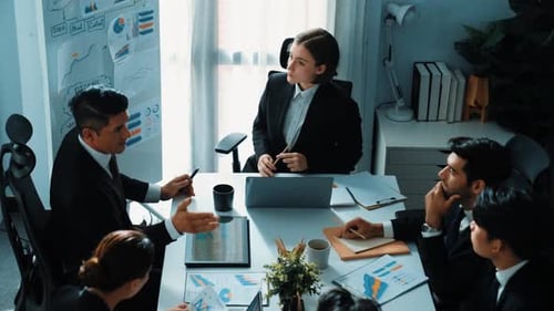 Top view of businesswoman point at whiteboard while look at graph. Directorate.