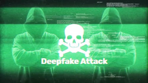 Deepfake Attack Glitch Animation with Hooded Hackers and Skull Icon
