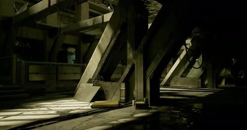 Dark Futuristic Industrial Space Camera Pan Through Structures