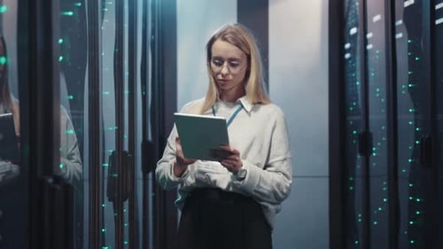 Woman Using Tablet in Modern Data Center