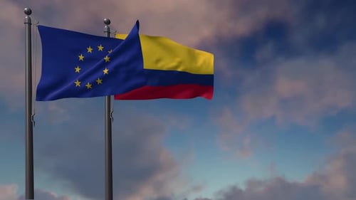 European Union and Colombia Flags Waving for Partnership