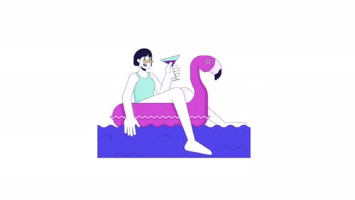 Asian female with cocktail in pool line cartoon animation