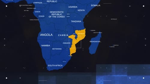 Futuristic World Map Zoom to Mozambique with Digital Glitch