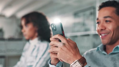 Hands, phone and texting for man at startup, office and happy for notification