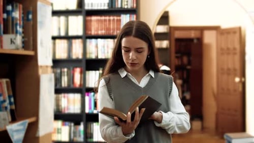 Young Caucasian Female Student Walking Between Bookcases in the Library Among the Other Students