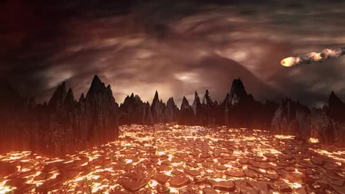 Fiery Meteor Shower Over Volcanic Lava Landscape