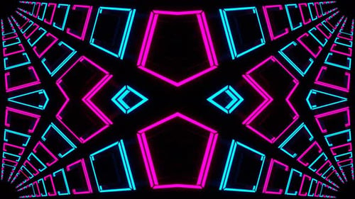 Zyanblaue und rosafarbene Neonquadrate auf glänzendem Kaleidoskop-Hintergrund VJ Loop In 4K