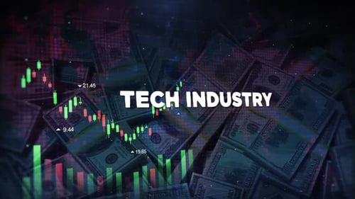 Tech Industry Words On Economic Background With Decrease Bar Chart Graph And Arrow 1