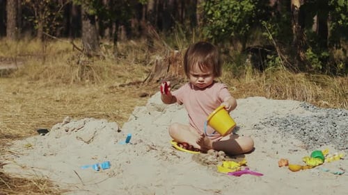 Child Playing in Sandbox in a Forest Clearing