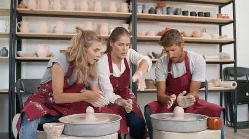 Pottery Workshop the Woman Make a Workshop on Pottery Modeling for a Young Couple Production of