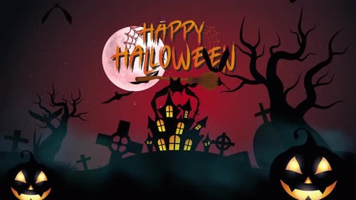 Animated Happy Halloween Title with Spooky Haunted House and Pumpkins