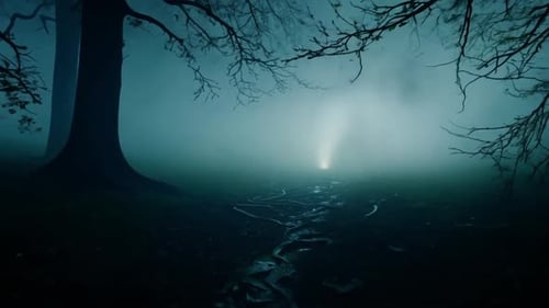 Geheimnisvoller Wald bei Nacht mit leuchtenden Pflanzen und dichten Bäumen