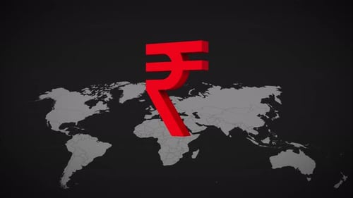 3D Indian Rupee Symbol Appears Over World Map