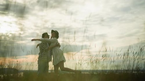 Lovers Share a Tender Kiss in a Peaceful Grass Field at Sunset