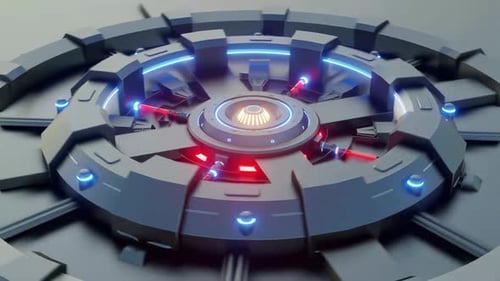 Futuristic Rotating Energy Core with Blue and Red Neon Lights
