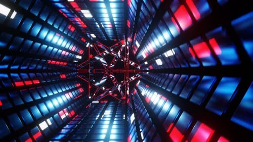 Blue With Red And White Sci-Fi Neon Glow Hexagonal Tunnel In 4K