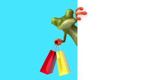 Lustiger 3D-Cartoon-Frosch mit Einkaufstaschen, Alpha-Kanal im Lieferumfang enthalten