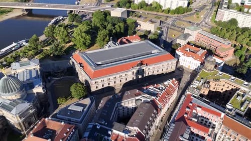 Drone footage of the Albertinum art museum in Dresden, Germany