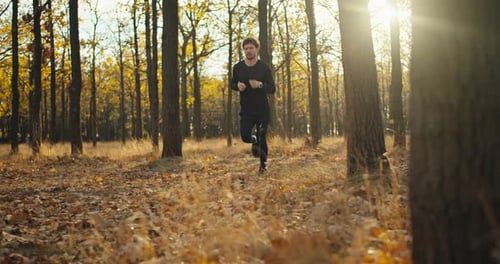 Man Running Through Autumnal Forest in the Daytime