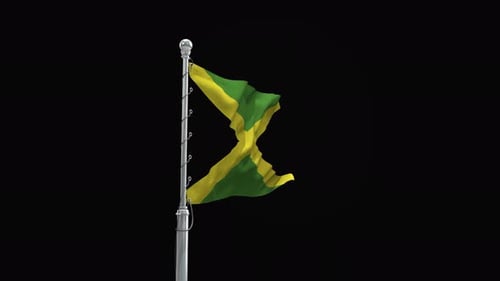 Waving Jamaican Flag on Flagpole Against Black Background