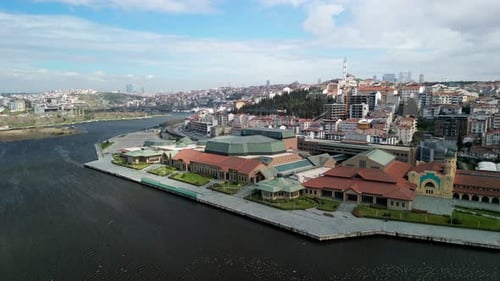 Halic Congress Center in Istanbul, drone low flight, flying upwards