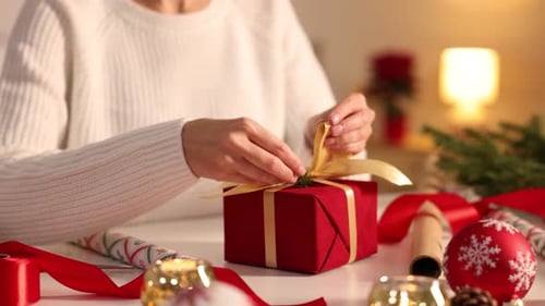 Woman wrapping Christmas gift at white table, closeup