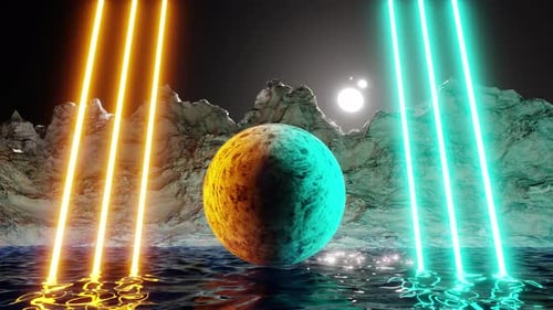 Moderner futuristischer abstrakter Neon-Hintergrund: Planet in der Mitte zwischen Neonlaser-3D-Rendern
