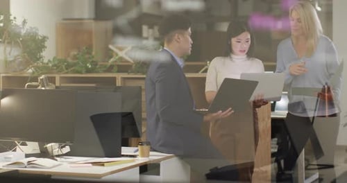 Diverse business office team discusses a project, with copy space